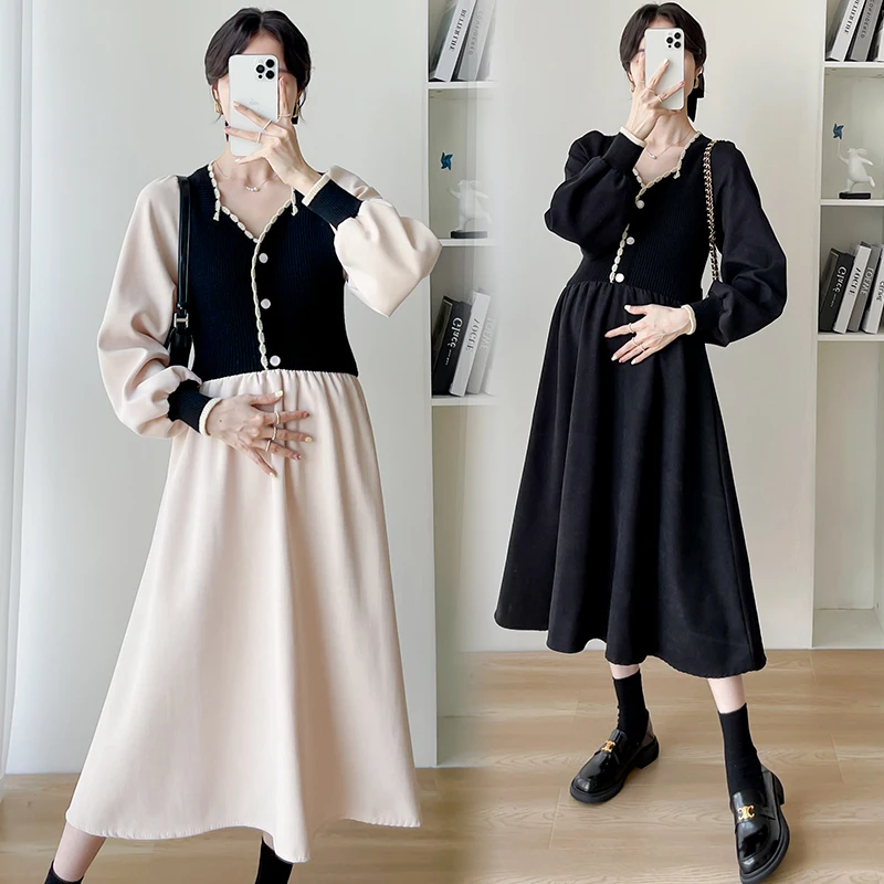 

1036# Autumn Winter Korean Fashion Maternity Long Dress Elegant A Line Loose Clothes for Pregnant Women Pregnancy Ins Chic Wear