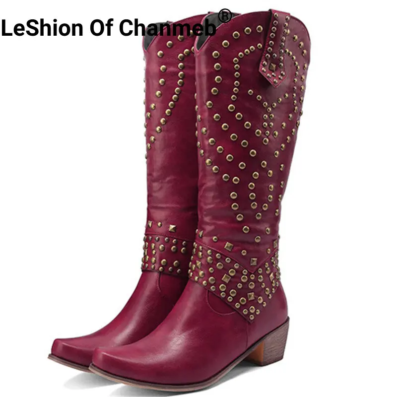 

LeShion Of Chanmeb Punk Metal Rivets Western Knee-high Boots Zipper Block Medium Heels Cowgirl Cowboy Boot Red White Shoe Winter