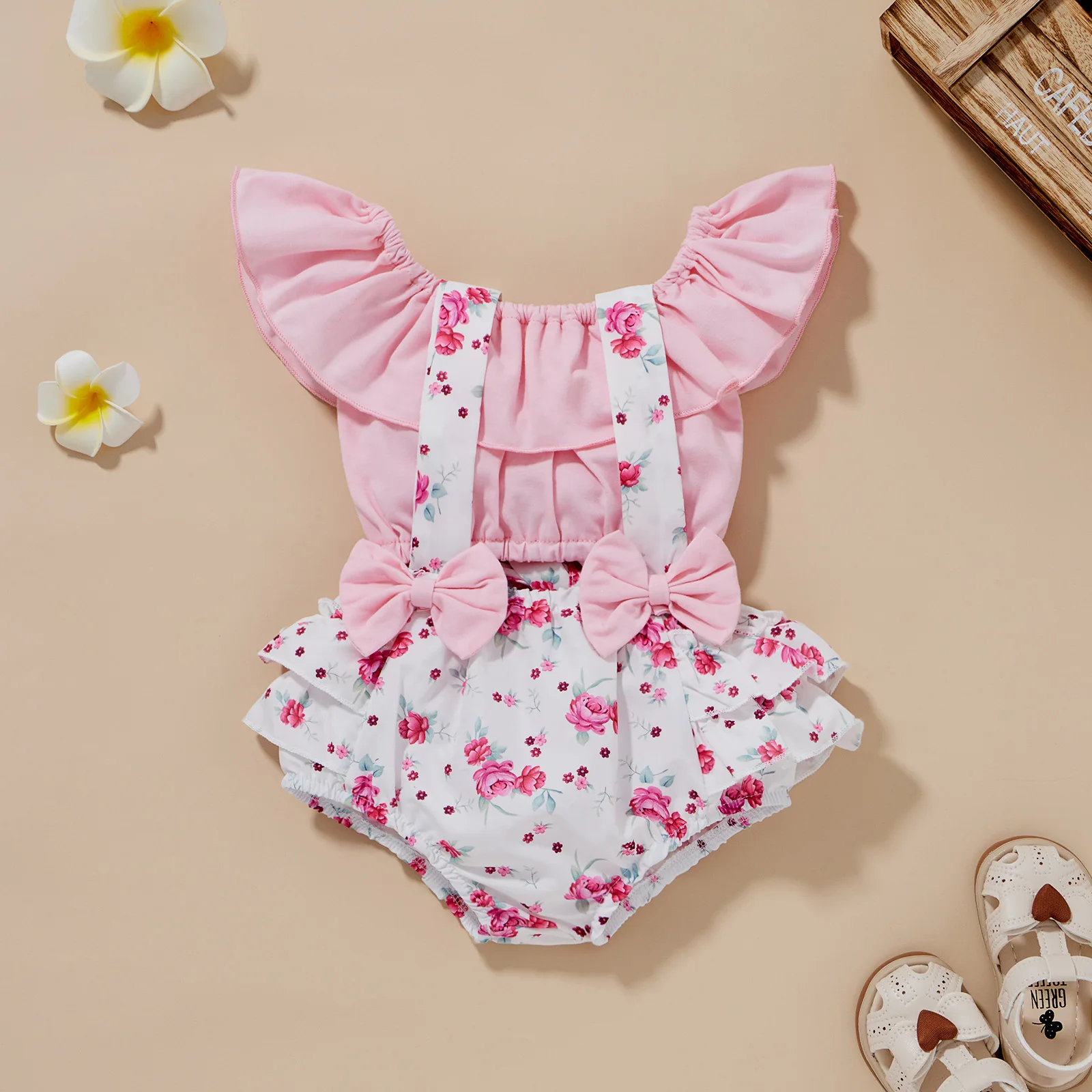 Summer Baby Girls Rompers Bow Strap Dress Ruffle Collar Off The Shoulder Newborn Princess Clothing Cute Flowers Toddler Infant