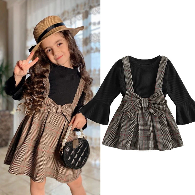 

1-7Y Kids Toddler Girls Fall Winter Outfits Long Sleeve Knitted Ribbed Sweater Tops Plaid Skirts Set 2pcs Clothes Set