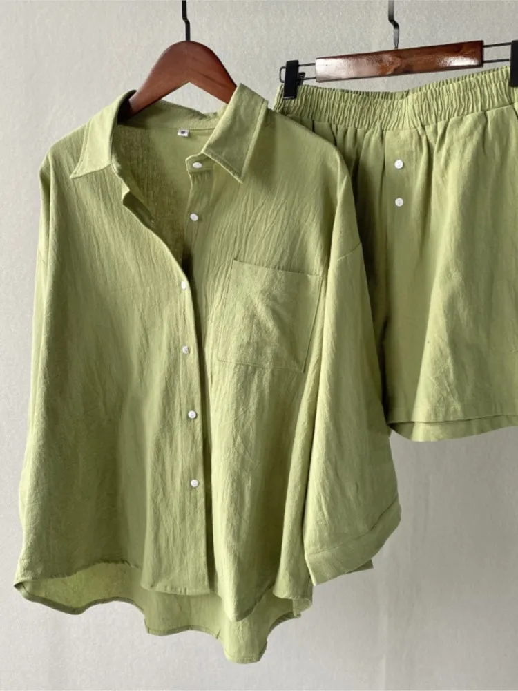 Модная рубашка с длинным рукавом и шорты комплекты из двух предметов 2024 женский