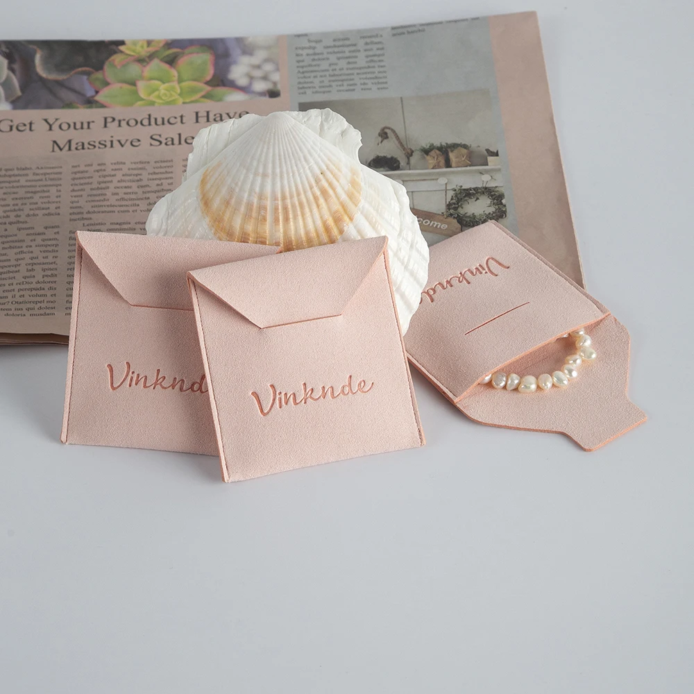 50 Pack Suede Flap Jewelry Pouches Custom Logo Thick Microfiber  Earrings Necklace Ring Packaging Organizer Gift Bags For Women