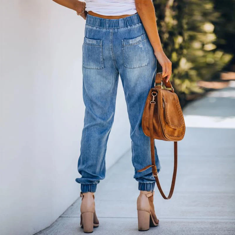 High Waist Elastic Waist Lace Up Big Pocket Trousers with Holes Autumn Straight Ripped Women's Jeans Female Cords Denim Pants