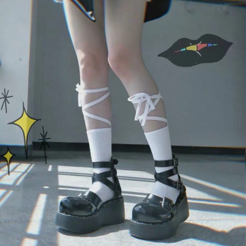 Японские женские носки в рубчик с бантом на шнуровке Харадзюку буквенным принтом