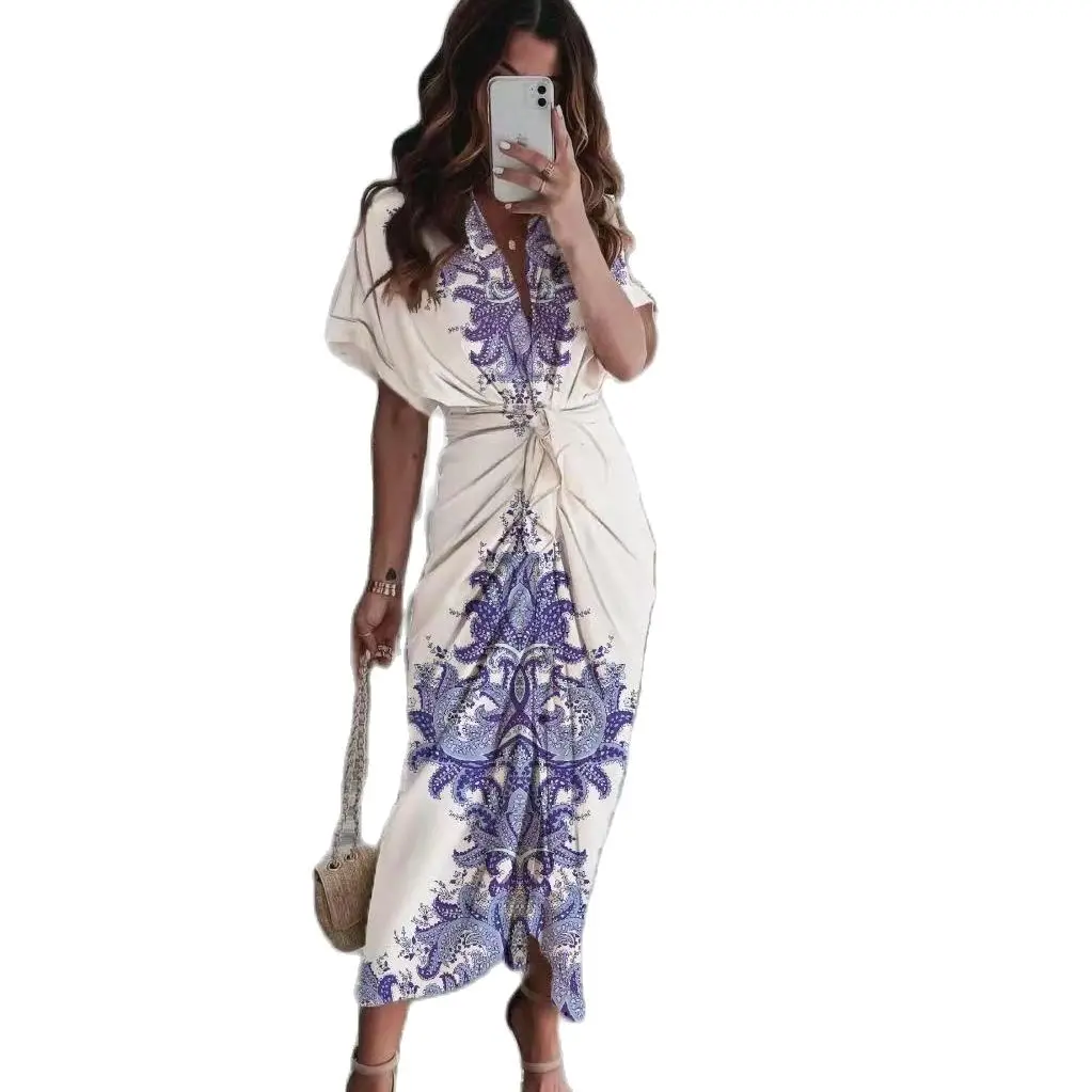

2022 New Women Printed Flowers Summer Spring Dress Button Women Fold Bohemia Style Women Dress Lace Up Women Holiday Dress