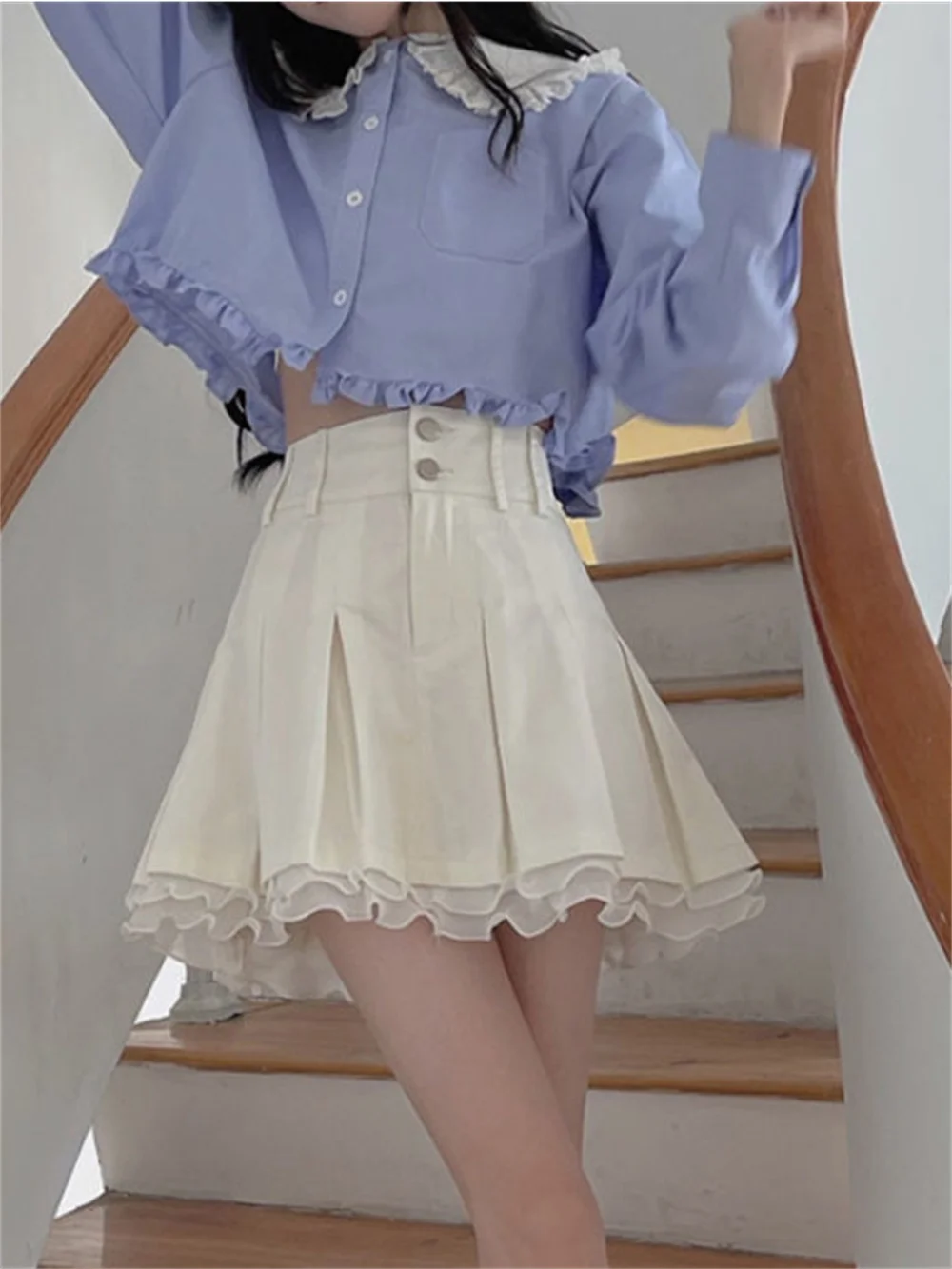 

2022 Korean Preppy Pleated Mini Skirt Women 2000s White Sweet Ruffle Miniskirt Fairy Cute Short Skirts Grunge High Waist Skater