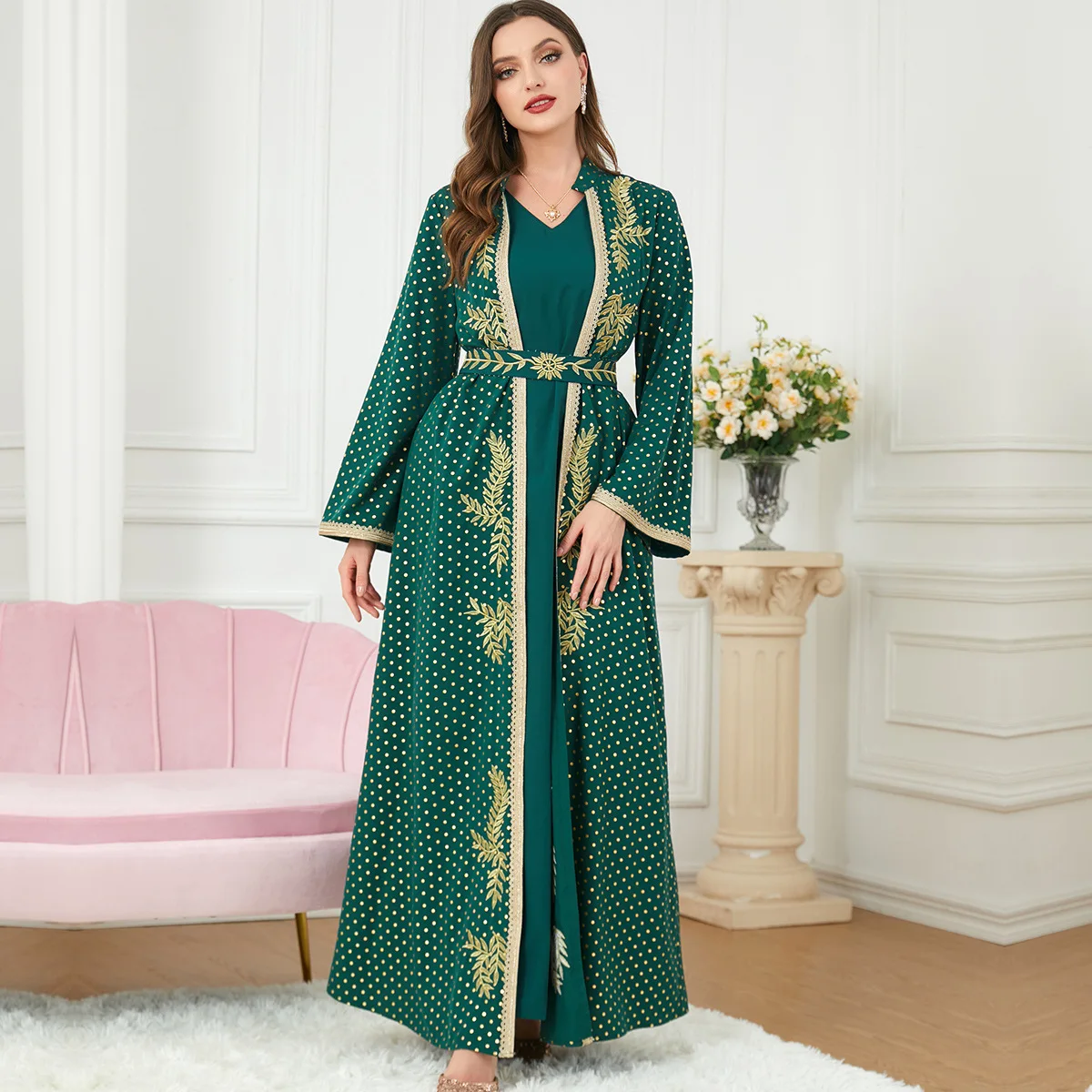 Luxury Green Muslim Set for Women Ramadan Arabic Femme Embroidery Abaya Dress Islamic Jalabiya Clothing Turkey Moroccan Kaftan