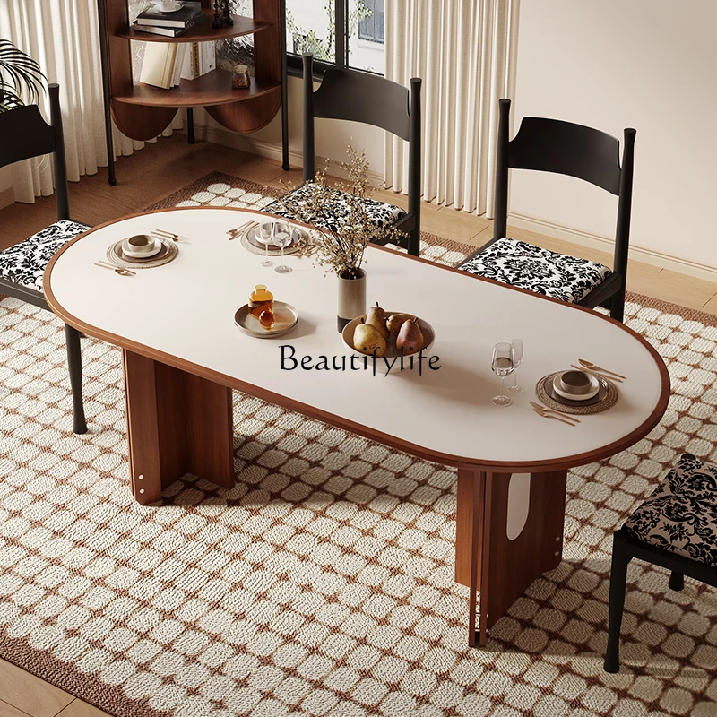 Овальный складной обеденный стол из каменной плиты в стиле ретро для небольшой