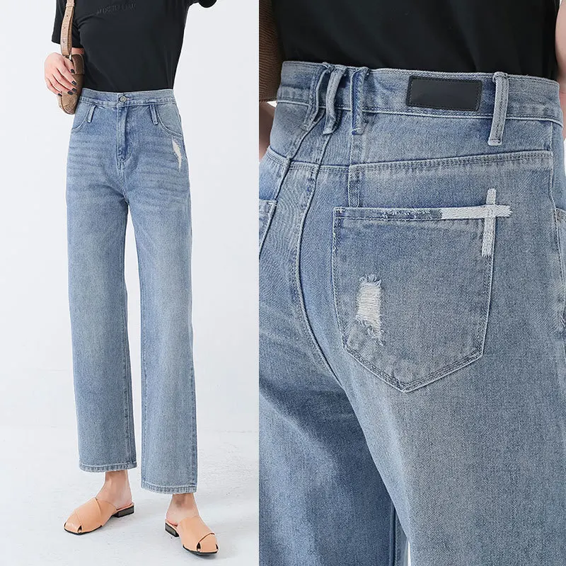 

2023 Early Spring Women Old-fashioned Ripped High-waisted Slim Straight-leg Nine-point Jeans