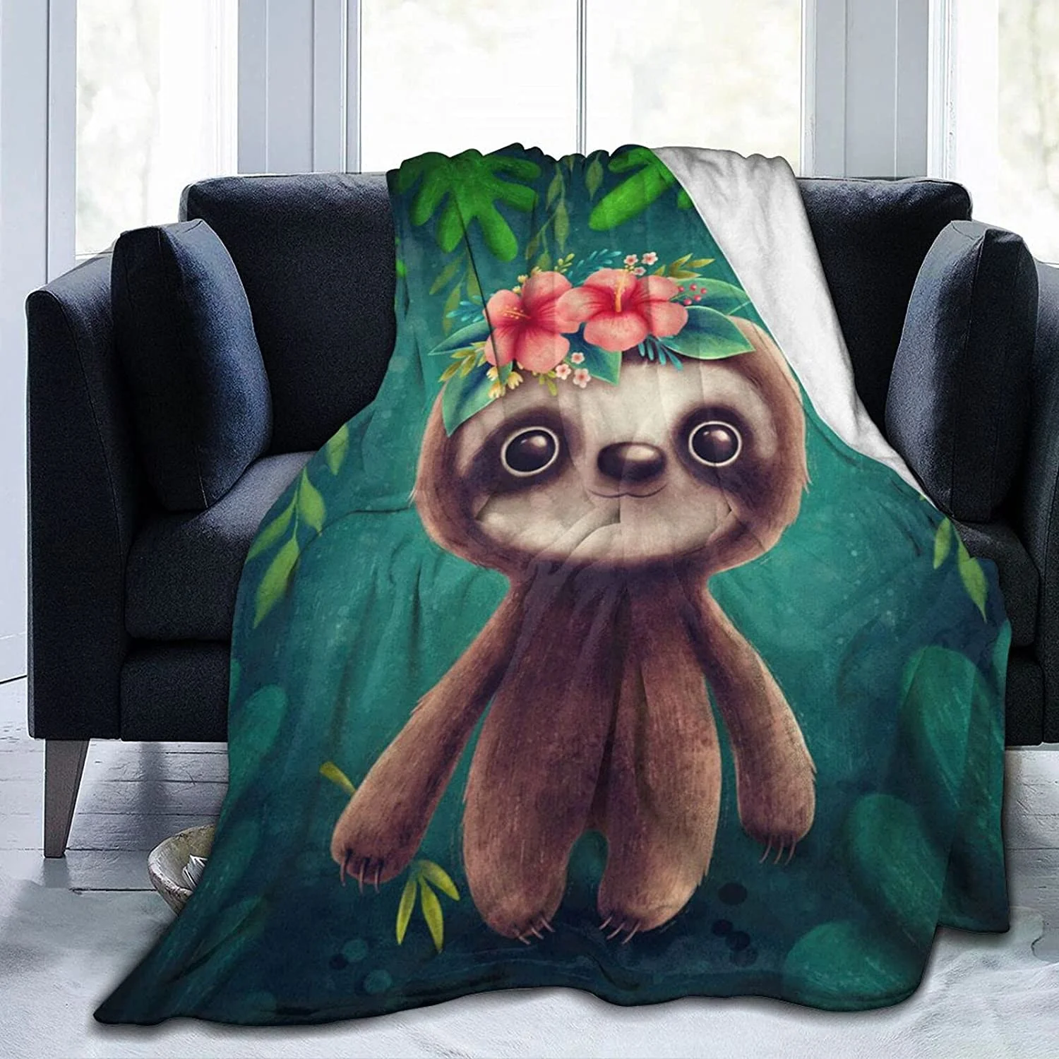 

Cute Sloth Flower Fleece Flannel Throw Blankets for Couch Bed Sofa Car,Cozy Soft Blanket Throw Queen King Full Size