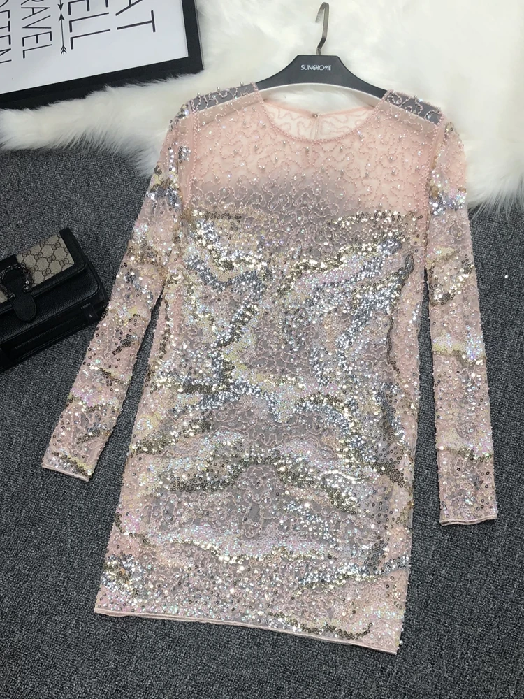 

Pink Long-sleeve Princess Dress new 2022 fashion sexy see-through lace beaded knee-length fairy dress for women