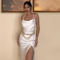 2022 white leopard party satin long dress women spaghetti straps cross backless side high split sexy robe elegant midi bodycon