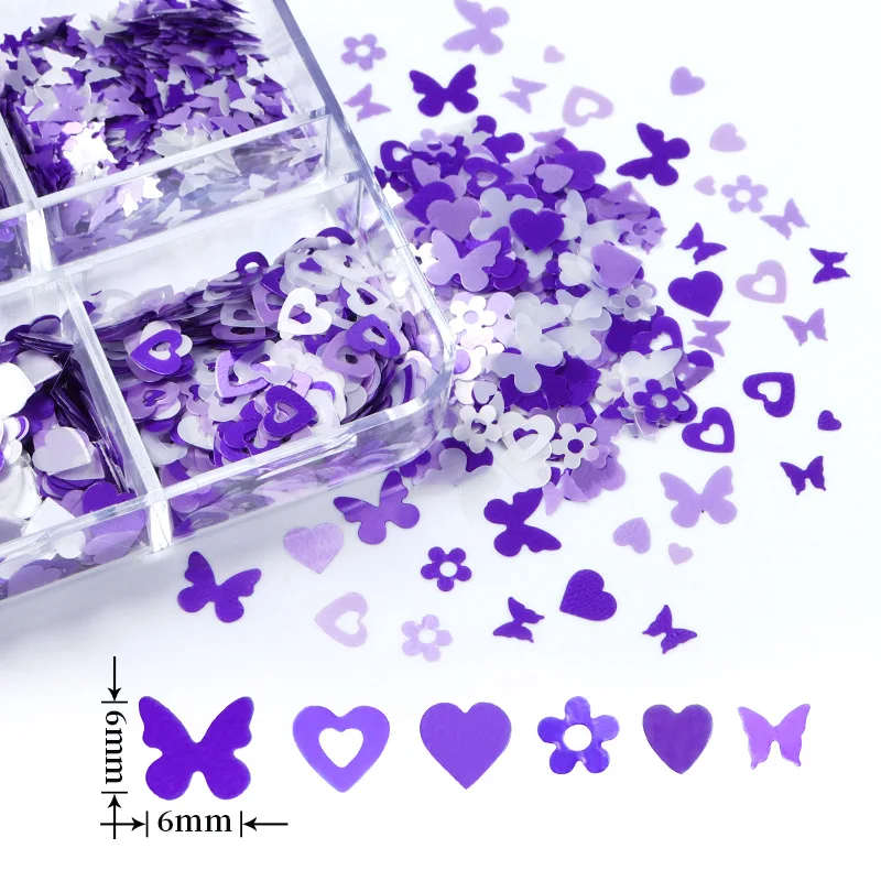 

6 Grids/Box Glitter Purple Series Butterfly Love Heart Plum Blossom Sequins Nail Art Paillete Decals Manicure Accessories Tips