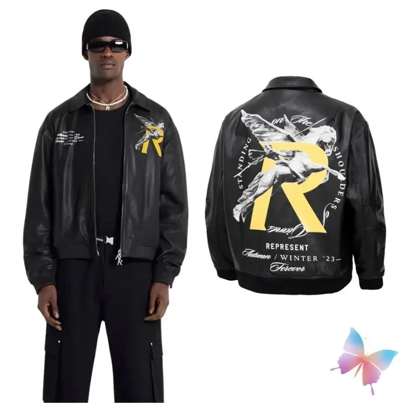 

23ss Winter REP Jackets Vintage Letter Printed Lapel Leather Jacket Men Women Clothes Black Motorcycle Baseball Jersey Coat