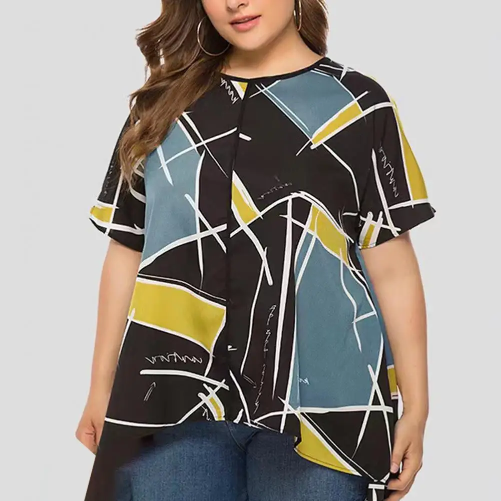 

Women Top Color Matching Geometric Print Round Neck Lady T-shirt Short Sleeve Loose Lady Summer T-shirt