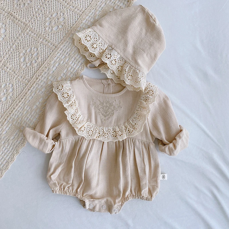 Baby Lace Princess Toddler Romper 2022 Spring Retro Newborn Girl Clothes Cotton Infant Outfits 2pcs With Hats