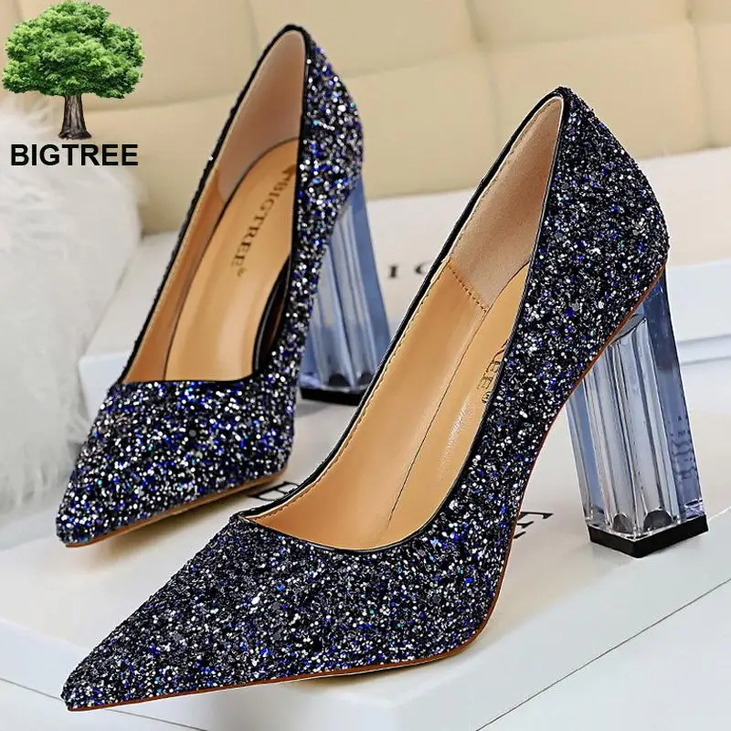 Туфли Bigtree женские на прозрачном каблуке свадебные туфли-лодочки с блестками