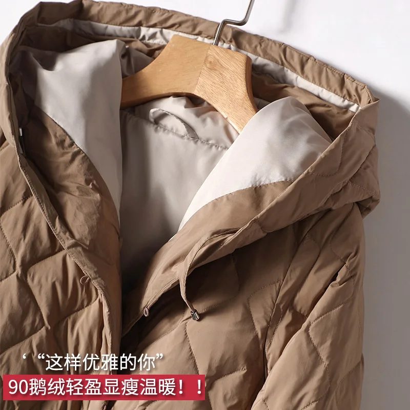 Fashion Design New Jackets for Women  90%  White Goose Down  Long Hood Luxury  Single Breasted  Slim  Adjustable Waist