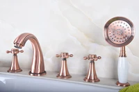 antique red copper brass three cross handles deck mounted 5 holes bathroom tub faucet mixer tap with handshower mtf198