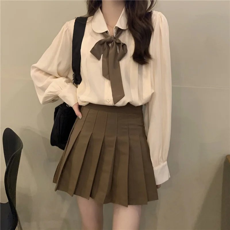 

2022 Spring New Women Preppy Style Long Sleeve Bowknot Blouse and High Waist Pleated Skirt 2pcs Set Female Outfits