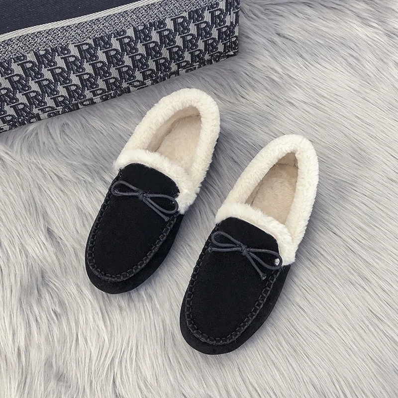 Winter Women's Cotton Shoes Warm Flat Shoes Casual Loafers Slip on Indoor Bow Plush Shoes Women Comfort Furry Shoes
