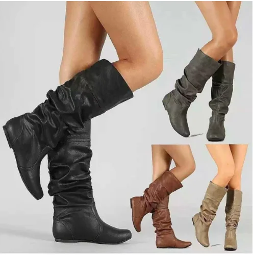 

2022 New Winter Mid Calf Boots Fashion Pu Water Proof Martin Boots Female Flat Casual Plus Size Knight Boots Botas De Mujer