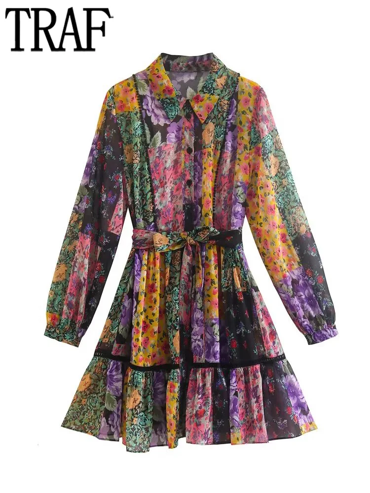 

Платье-рубашка женское Плиссированное короткое с длинным рукавом и поясом