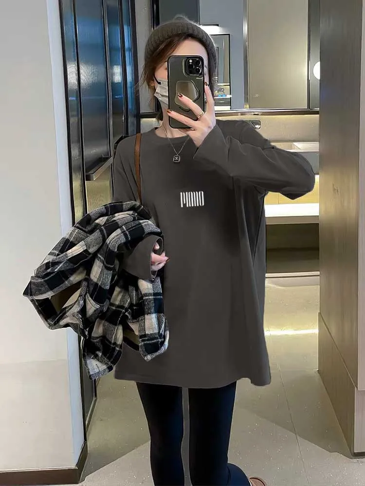 Cotton round Neck Long sleeves Shirt Women Mid-Length Korean Sle Loose Casual Plus size White Top Bottoming Spring an...