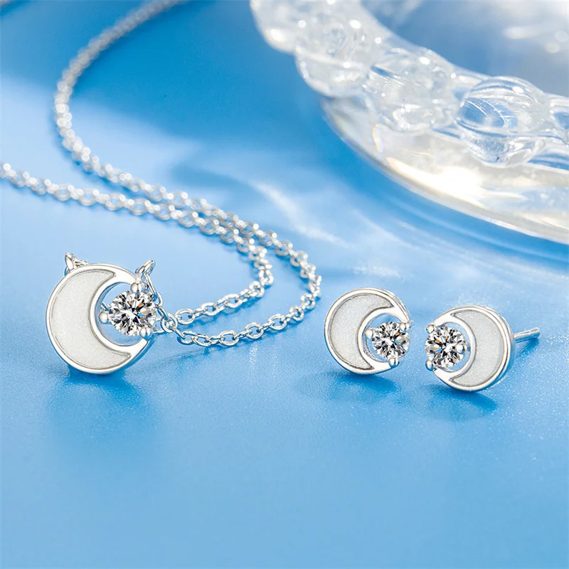 

New hot 925 sterling silver high quality necklace earrings set Heart Moon Stone pendant ladies wedding jewelry party gift