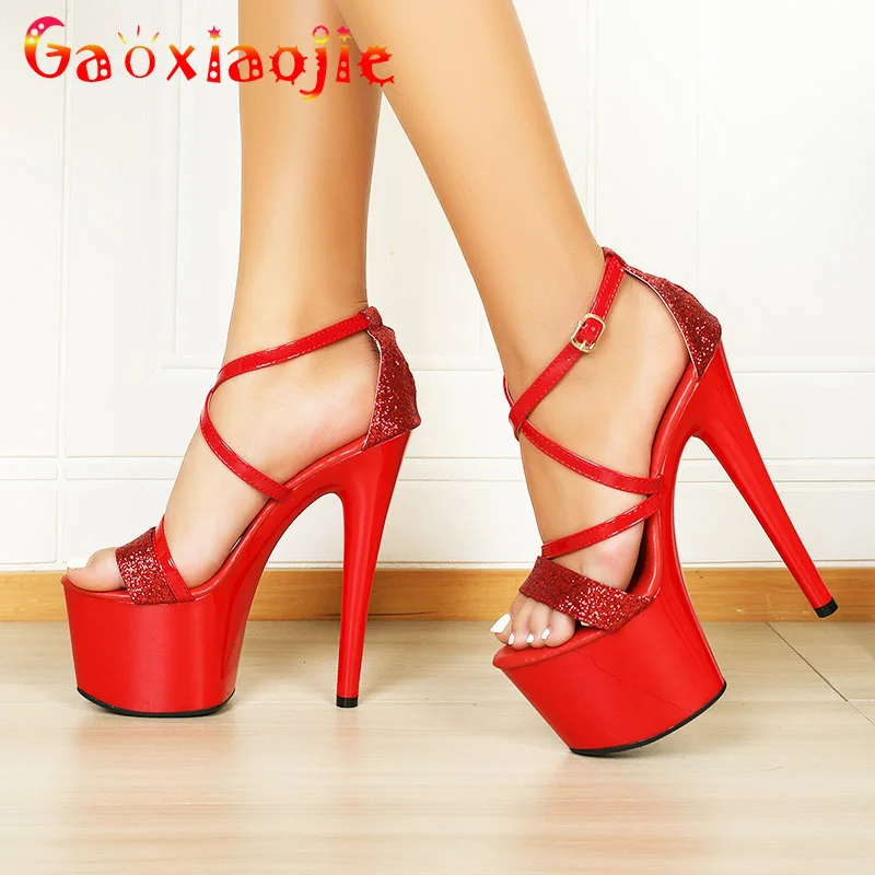 

Thin Strap Gladiator Pole Dance Shoes Shiny Sequins Stilettos Pumps 17CM Red Wedding High Heels Summer Cover Heel Sandals Women
