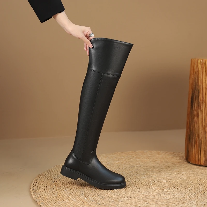 Женские высокие сапоги выше колена из натуральной воловьей кожи с круглым носком