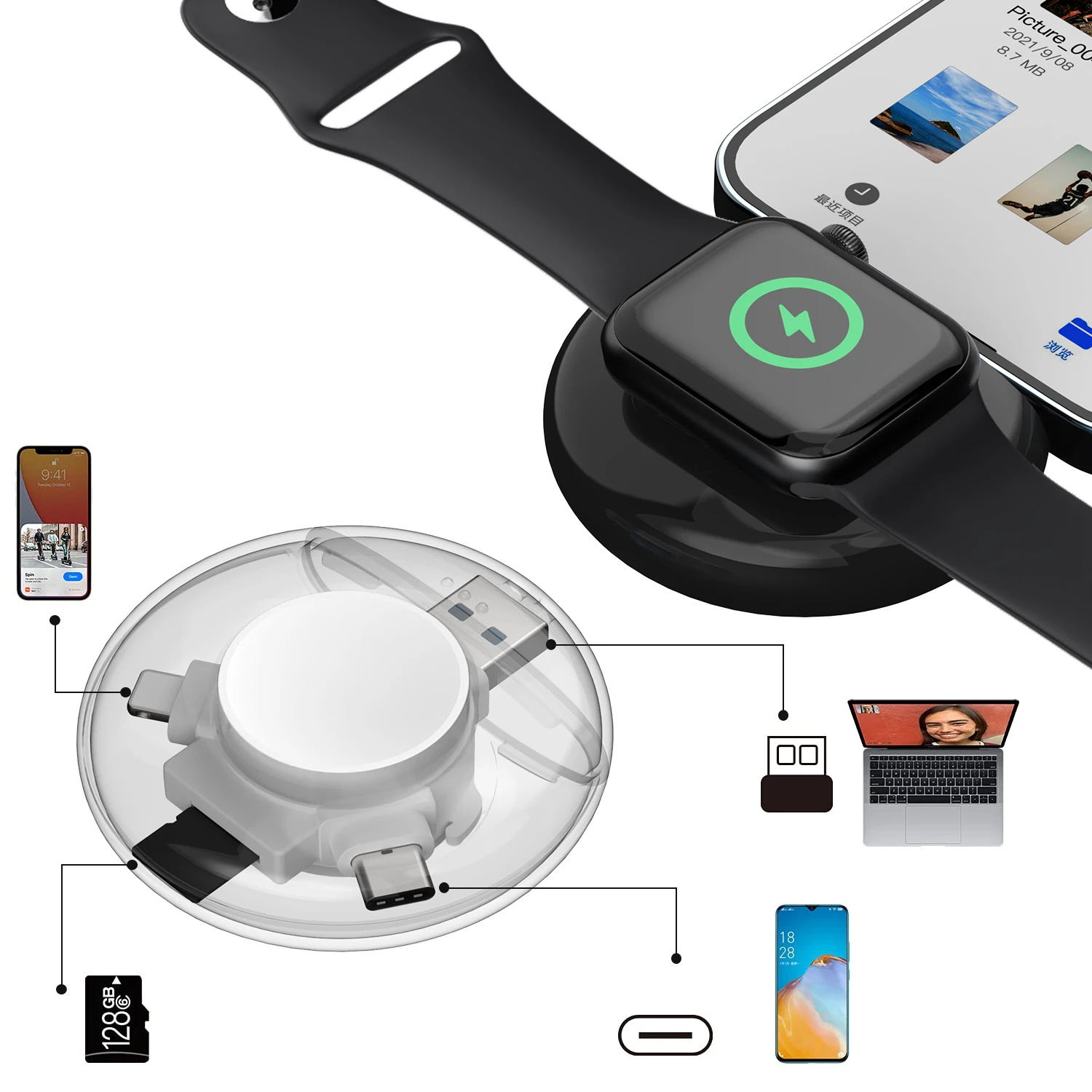 

Portable USB 3.0 Charger for Apple Watch 7 iWatch 6 5 4 3 2 SE Type-C PD OTG MicroSD TF Card Reader Memory Smart Accessories