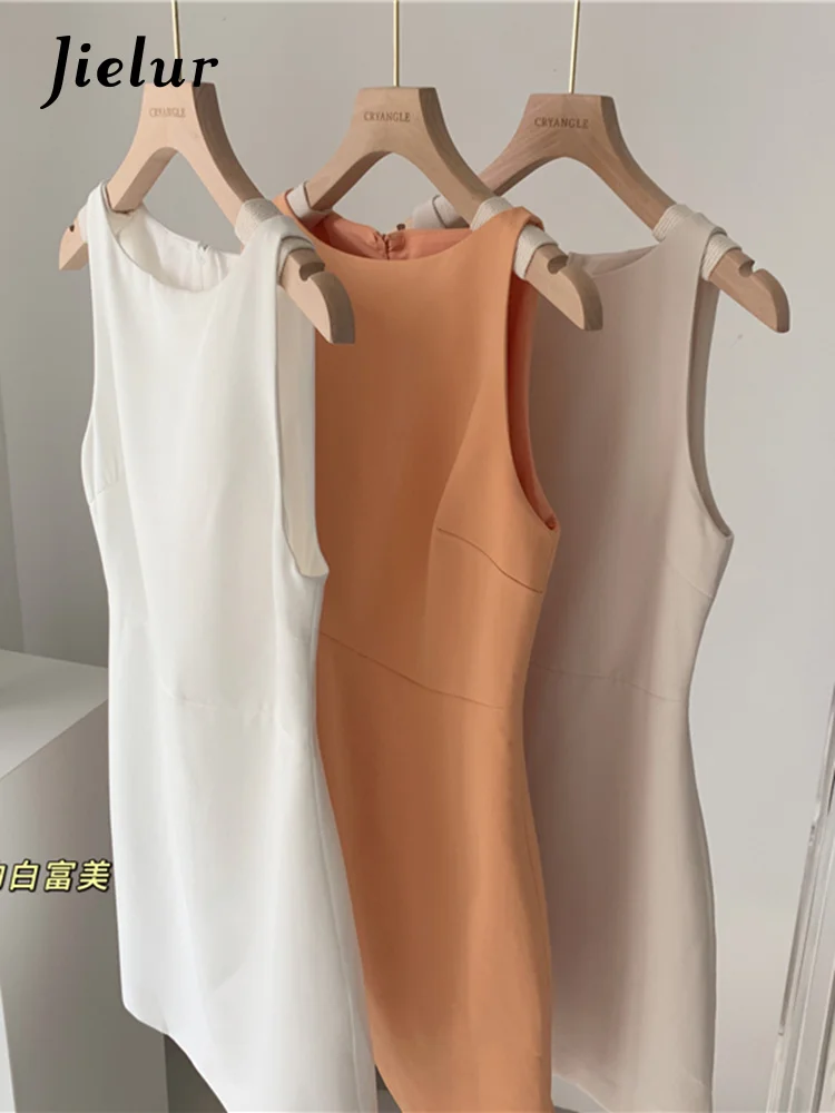 

Jielur Elegant Lady Sexy O-neck Women's Dress Bottoming Sleeveless Sundress Summer Apricot Orange White Dresses Female Vestido