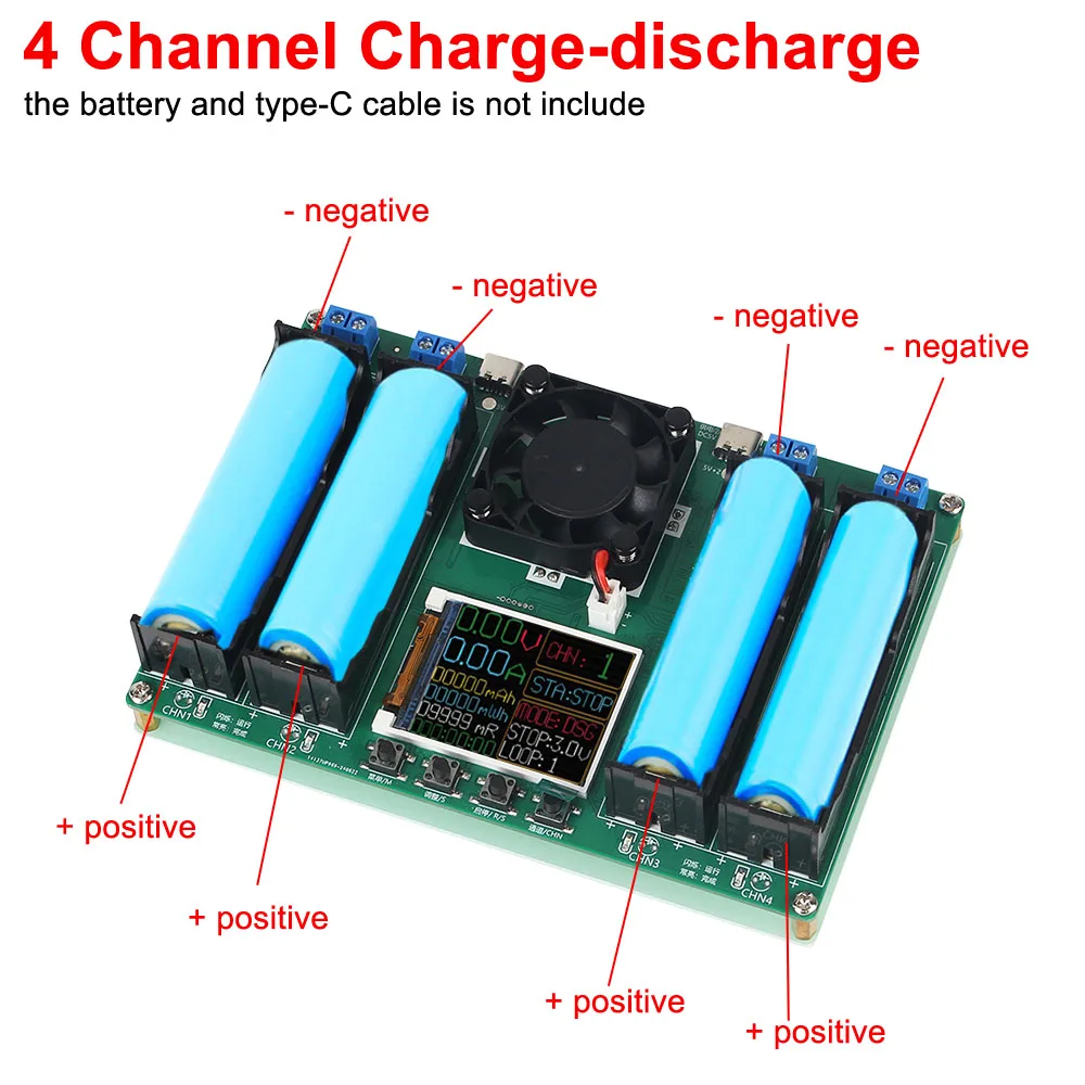 Цифровой двухпортовый вход Type-C 5 В 18650 тестер емкости литиевой батареи 4-канальный