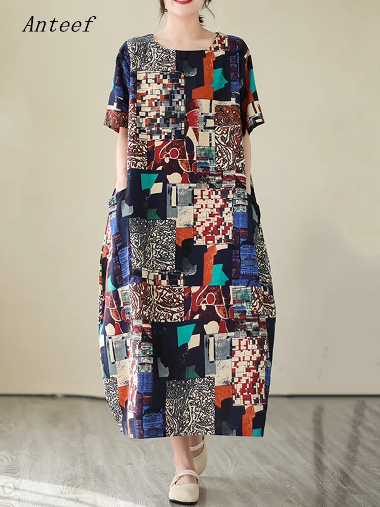 

Женское винтажное платье с коротким рукавом, повседневное Свободное длинное платье из хлопка и льна, элегантная одежда 2023