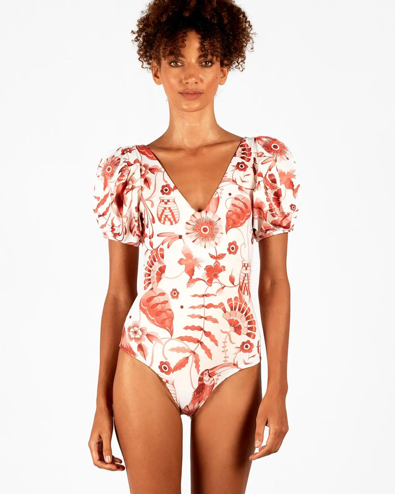 Puffy Sleeves Floral Print Beachwear 2023 Women's Fashion Swimwear Summer V Neck One Piece Swimsuit Beach Style Bathing Suits