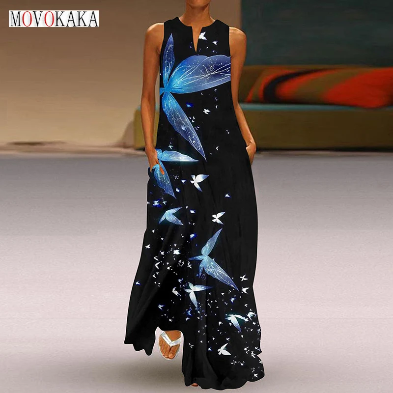 

MOVOKAKA Ladies Spring Summer Black Long Dress Sleeveless V-neck Loose Wing Print Beach Dresses Vintage Elegant Maxi Dress Women