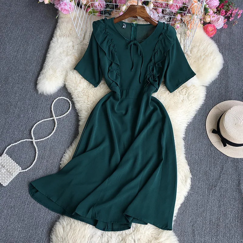 

Solid Color Tie Collar Short Sleeve Summer Women Dress Black Green A Line Slim Wedding Birthday Dresses Vestidos De Fiesta