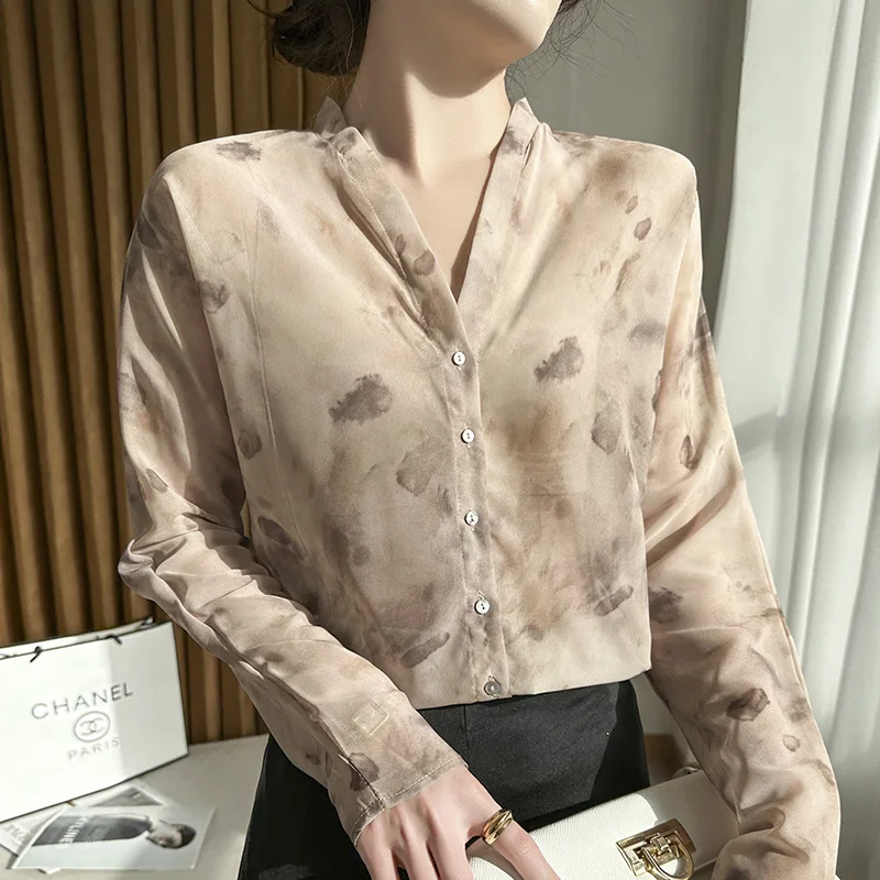 

Ink Printed V-neck Shirt For Women's Spring Autumn Design Blouse Satin Cardigan Casual Fashionable Slim Stylish Unique Tops