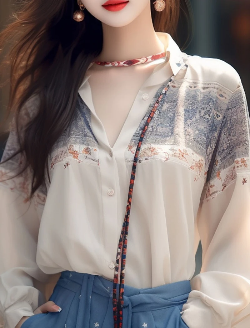 Рубашка Женская атласная с длинным рукавом шелковая блузка свободного покроя в