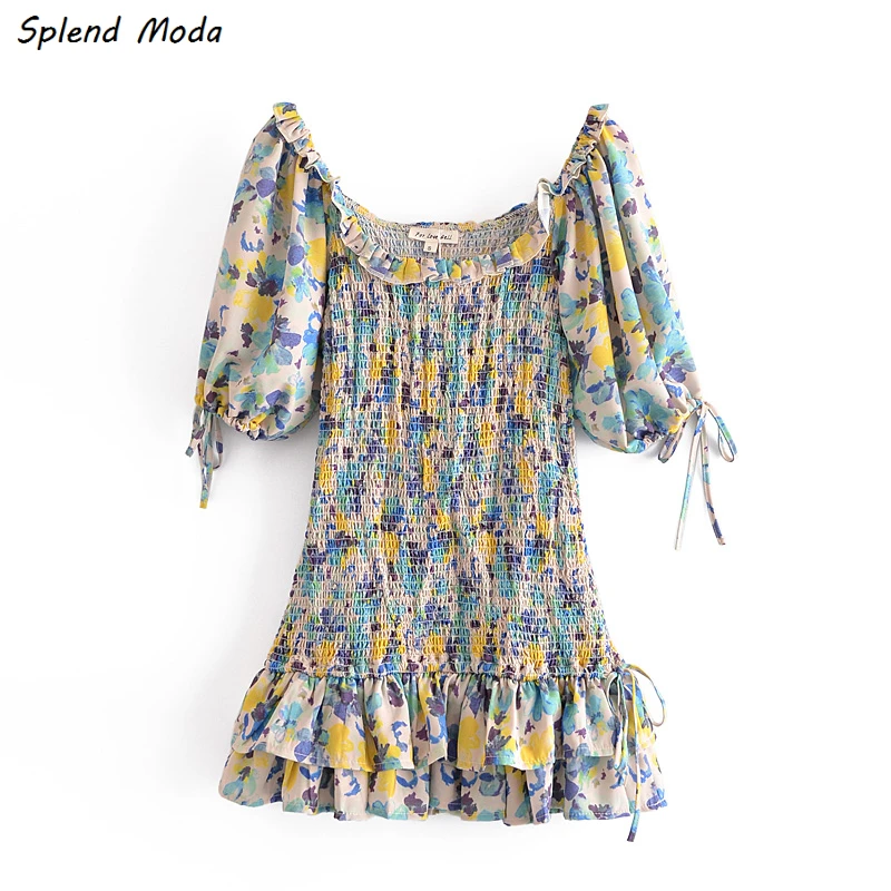 

Женское винтажное платье со складками Splend, летнее платье с квадратным вырезом, поясом на резинке, рукавами-фонариками и оборками, 2021