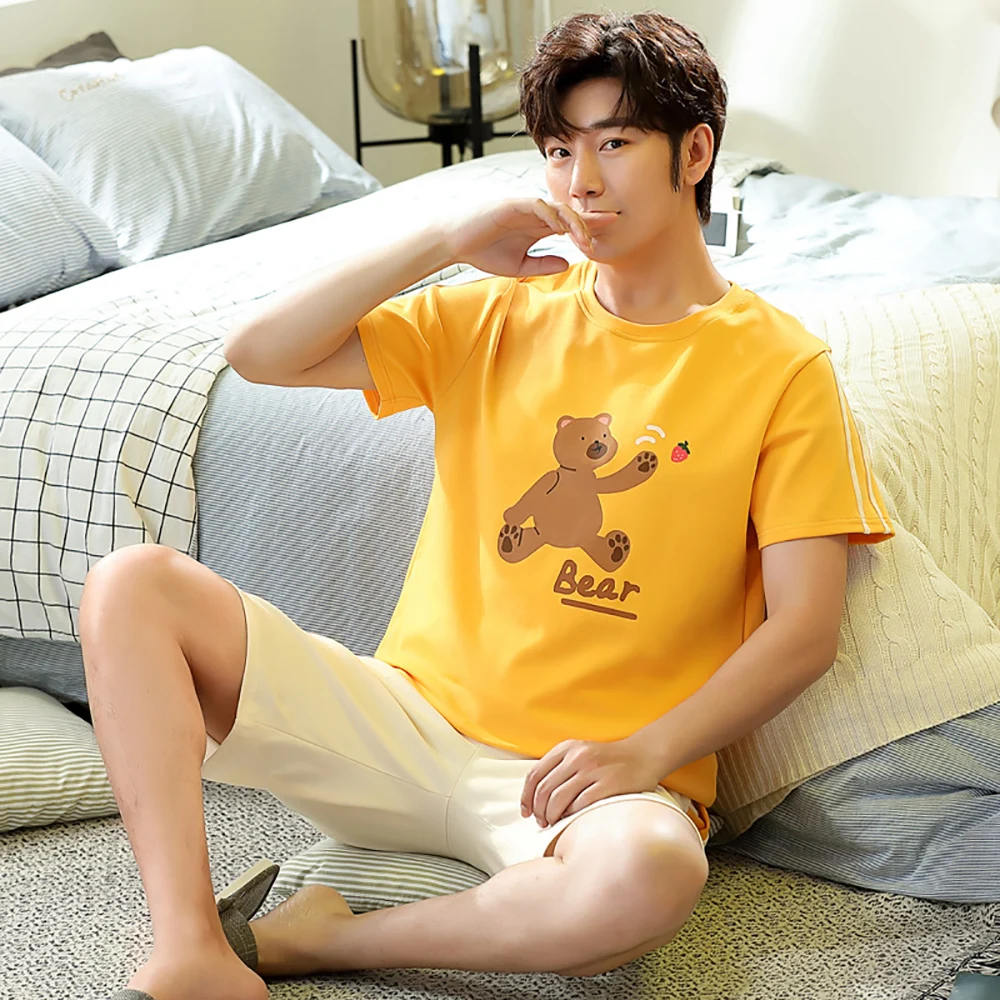 

Trendyol Cartoon Bear Print Casual O Neck Sleepwear Cotton Pajamas for Men Summer Short Pajama Sets Comfortable pijama hombre