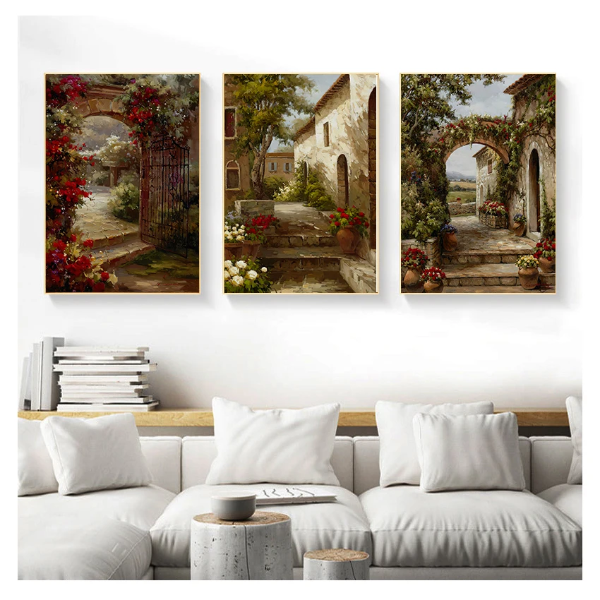 

Door Landscape Oil Painting HD Print on Canvas Garden Poster Wall Art Picture for Livinng Room Abstract Pastoral House Flowers