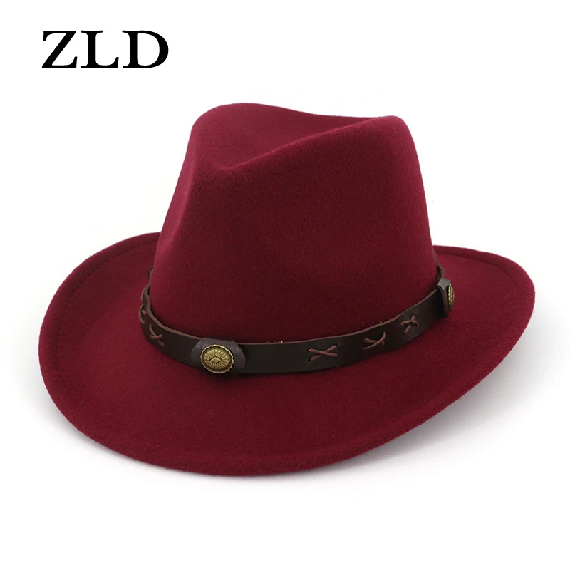 

ZLD PU Leather Band Felt Western Cowboy Hat Solid Imitation Wool Fedoras Tourist Man Cap Outdoor Jazz Women Caps Gorras