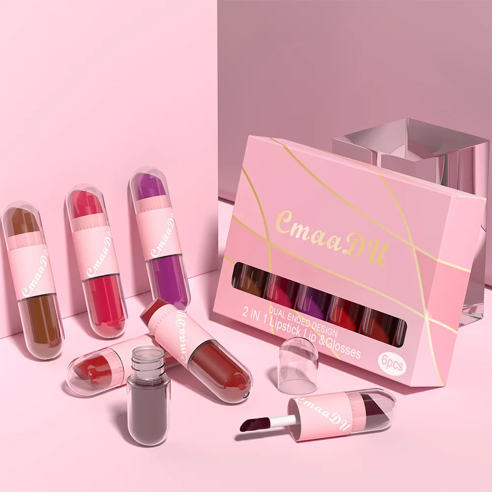 

Lipstick Lip Glaze 2-In-1 Set Double Headed Waterproof Nude Mist Matte Velvet Lipstick Sexy Red Lipstick Female Makeup Gift Set