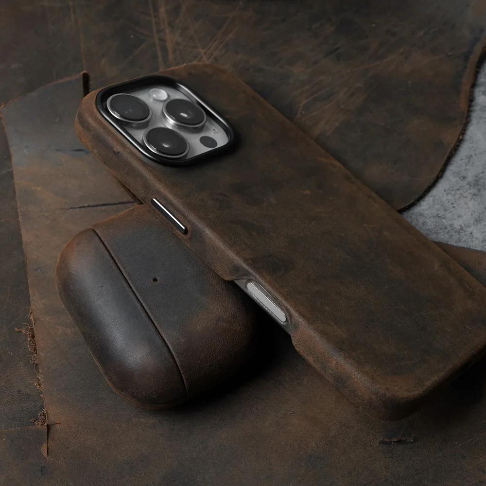 Фото Итальянский чехол Crazy Horse из натуральной кожи для AirPods Pro 2, роскошные чехлы для AirPods 3 2 и 1, чехол для беспроводной Bluetooth-гарнитуры №2