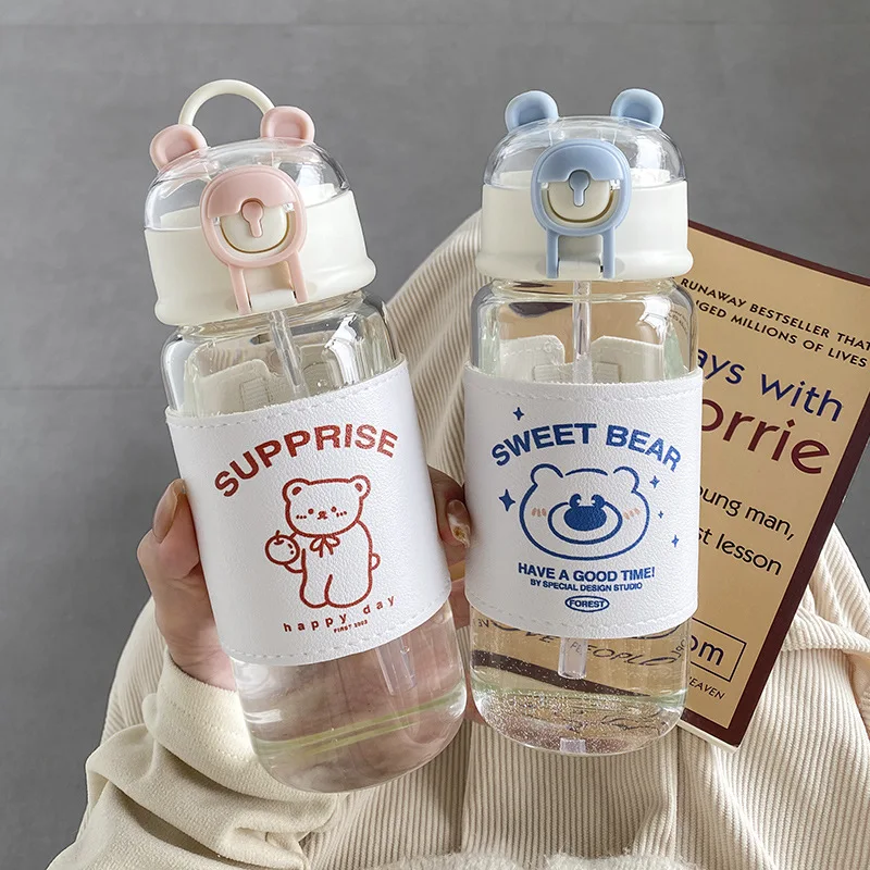 

450ML Glass Water Bottle Cartoon Bear Summer Students Drinking Bottle Leak-proof Juice Milk Coffee Straw Cup Water Cup