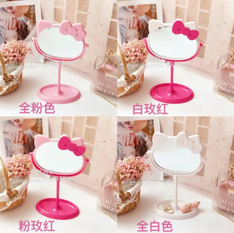 Kawaii Sanriod Hello Kitty Cute Kt Bow Makeup Mirror Desk Rotating Double Sided Mirror Dressing Table Accessories Toys for Girls images - 6