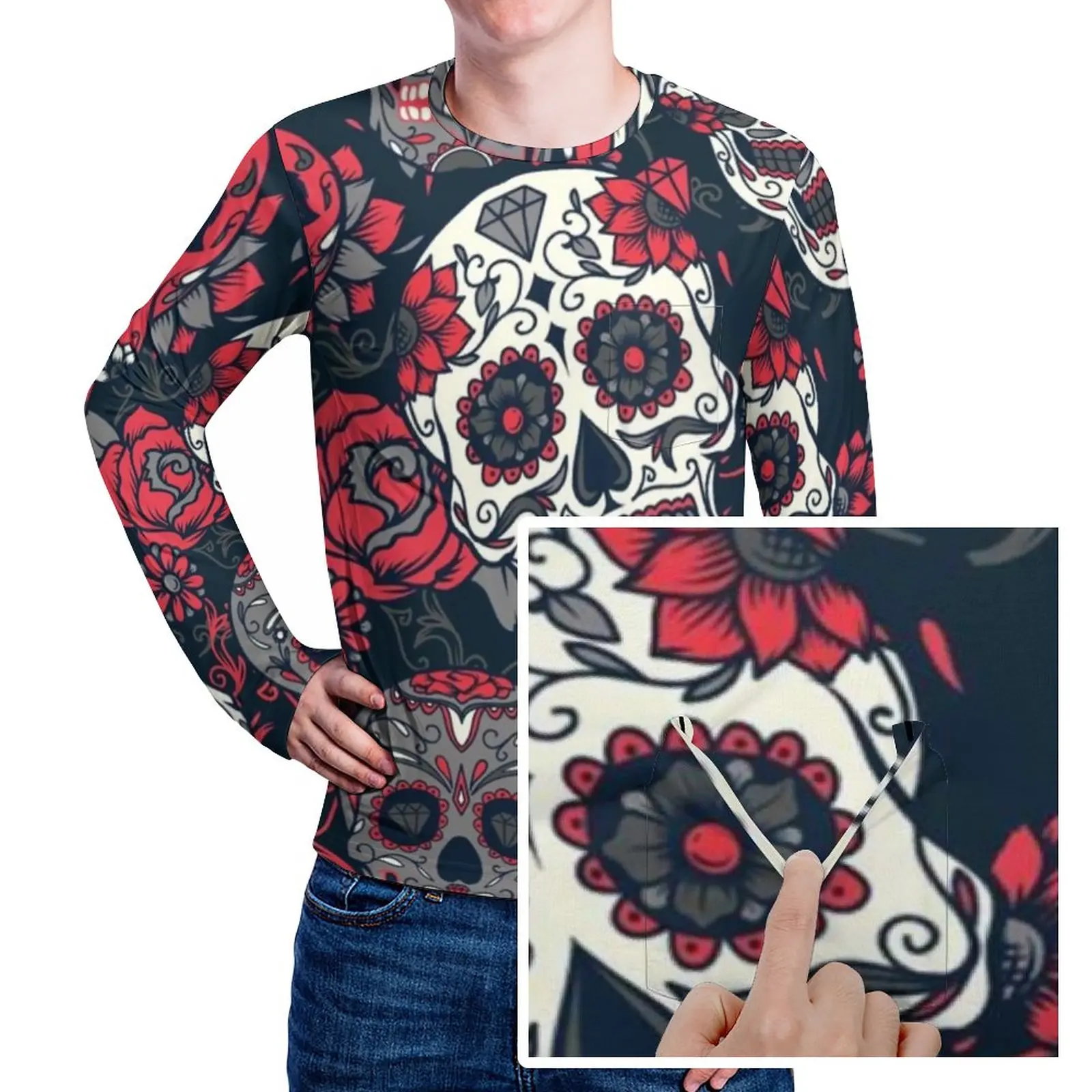 

Mexican Skull T Shirt With Pocket Leaf Flowers Hip Hop T-Shirts Men Funny Tshirt Long Sleeve Design Clothing Plus Size