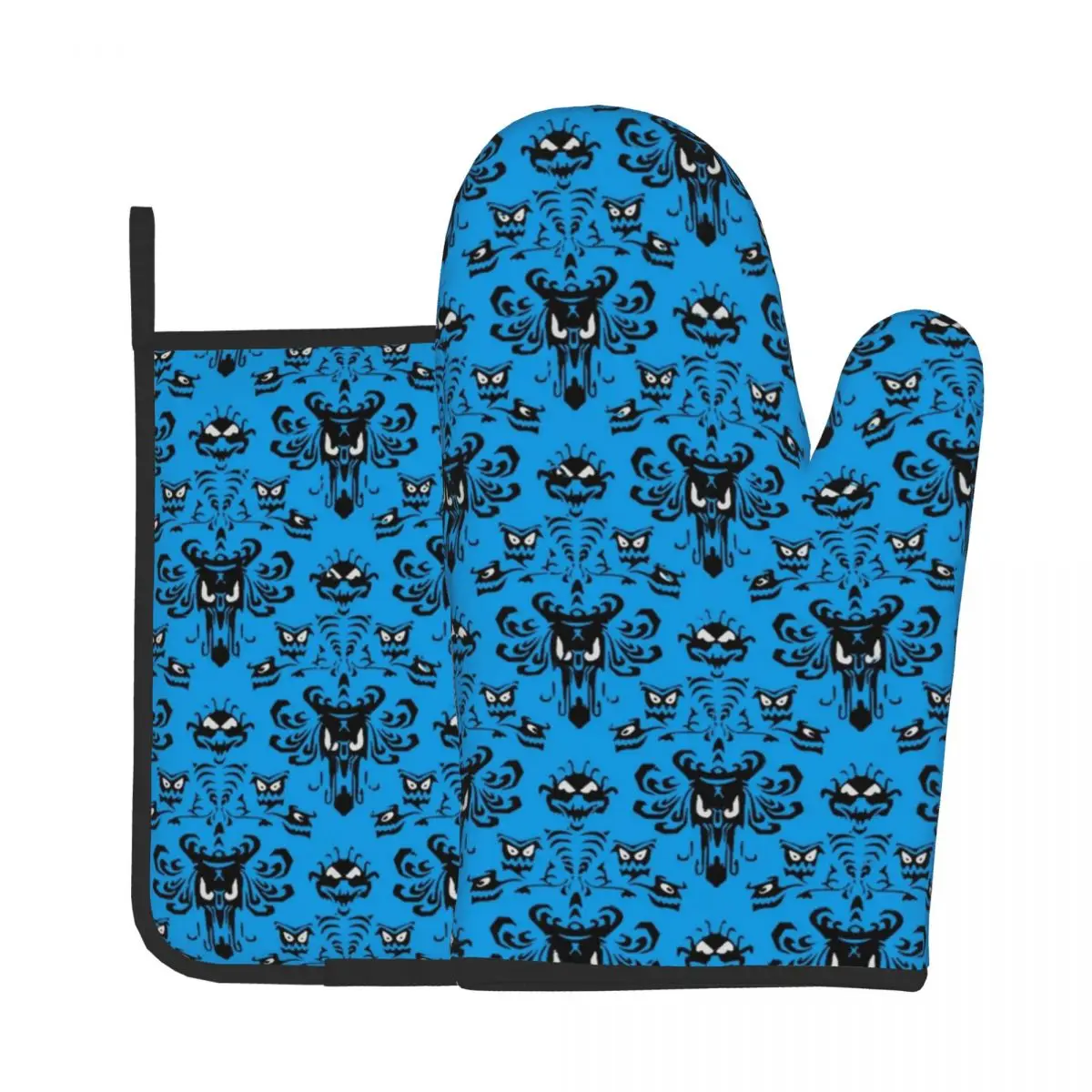 

Happy Haunted Kitchen Gloves Baking Oven Cooking Oven Mitts Gothic Spooky Halloween Polyester Potholder Mat BBQ Gloves Microwave